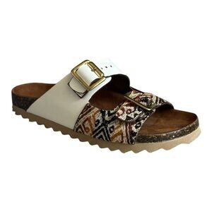 White & Patterned Double Buckle Slide Sandal